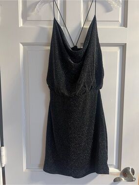 Almost Famous Black Shimmer Cowl Mini Dress